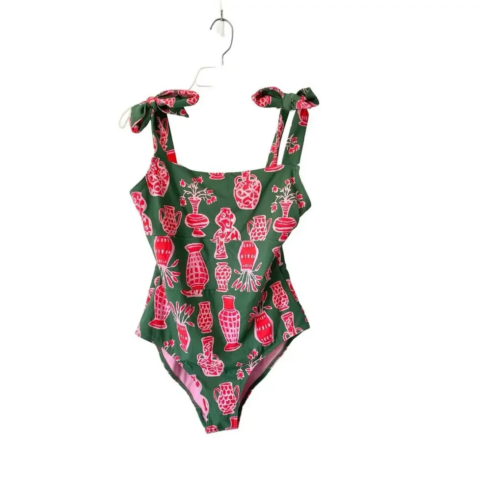 Celia B Granato One Piece Tie Shoulder Swimsuit Green Pink Size XL